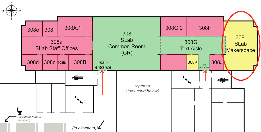 The Makerspace is located on the 3rd floor, East Wing, in the South end of the wing; at the south end of Scholars' Lab.