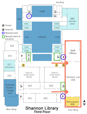 A map showing Scholars' Lab's place on the 3rd floor of Shannon Library