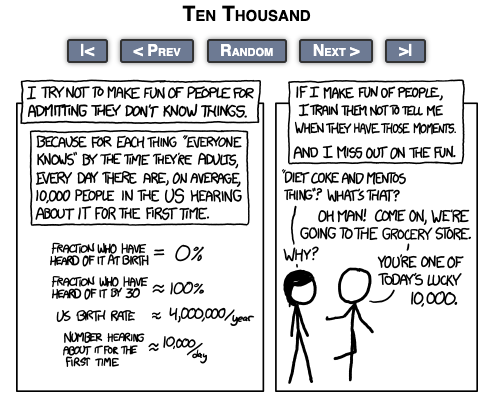 Screenshot of XKCD comic where someone responds to a person not knowing a cool thing (in this case, what happens when you mix Diet Coke and Mentos) with excitement at getting to share the cool thing, rather than derision or disbelief that the person hadn't known about this yet