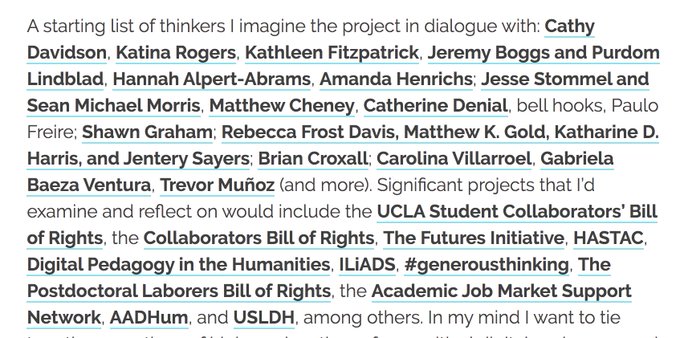 Screenshot of paragraph from Brandon Walsh's blog post about blogging toward a book-ish product; the paragraph lists the names of a variety of scholars he is imagining his work in dialogue with