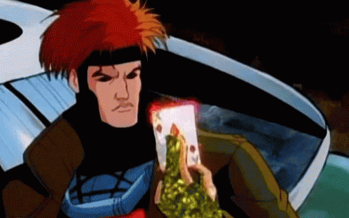 Animated GIF of the X-Men animated series character Gambit holding up a glowing Ace card