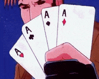 Animated GIF of animated X-Men series character Gambit throwing a hand of magic glowing cards
