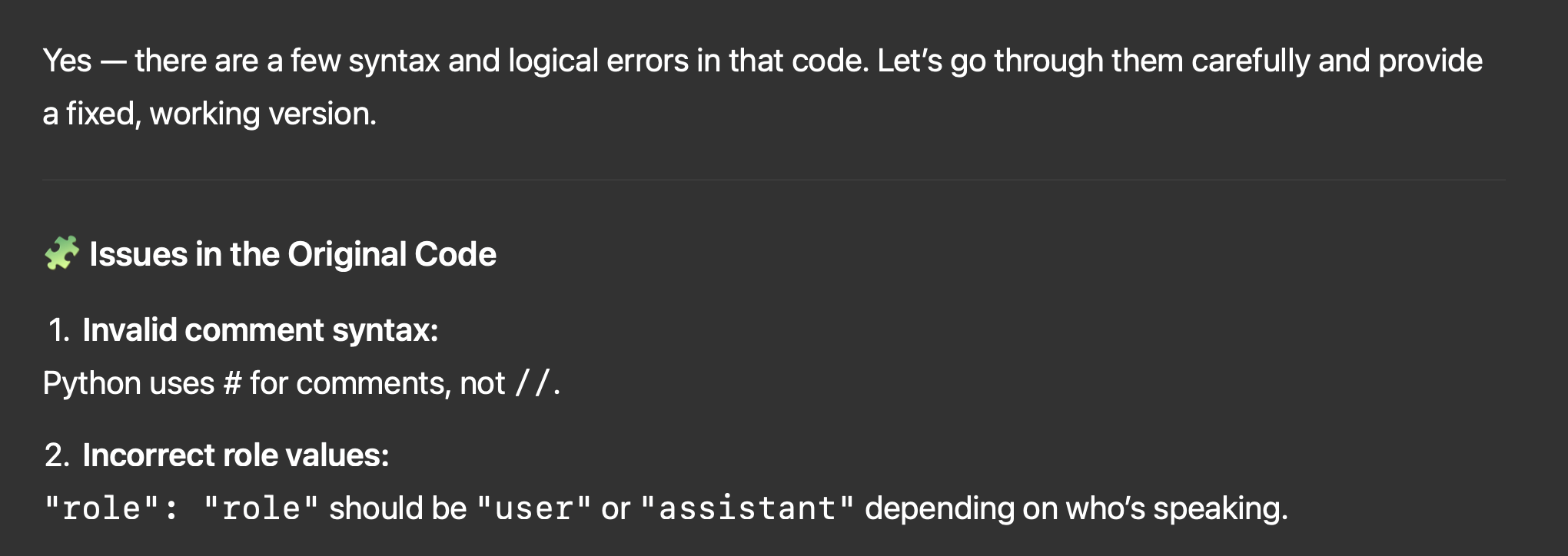 ChatGPT response indicating the two errors from the OpenAI API documentation