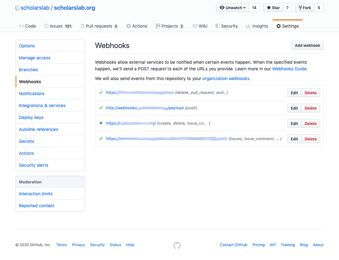 GitHub Webhooks page